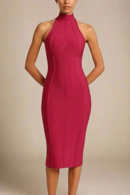 Red Wine Mock Neck Halter Sleeveless Bandage Bodycon Midi Dress