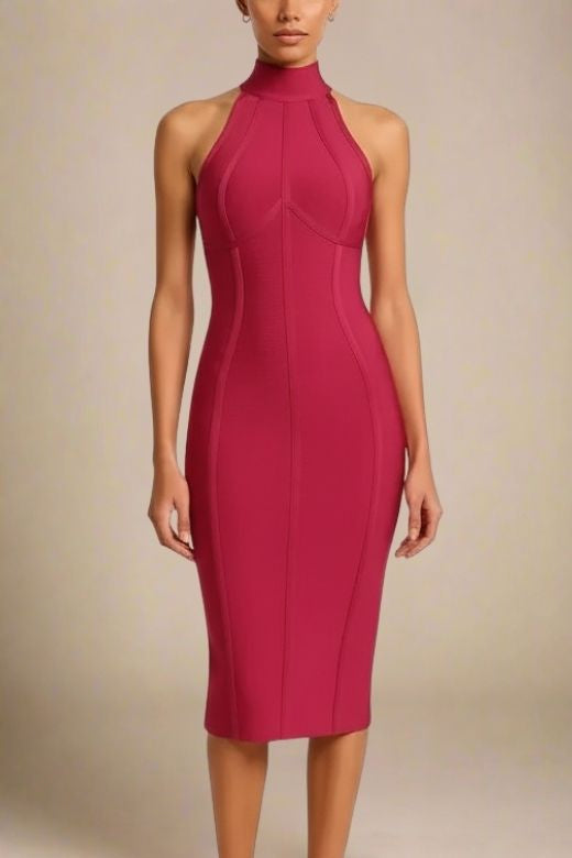 Red Wine Mock Neck Halter Sleeveless Bandage Bodycon Midi Dress