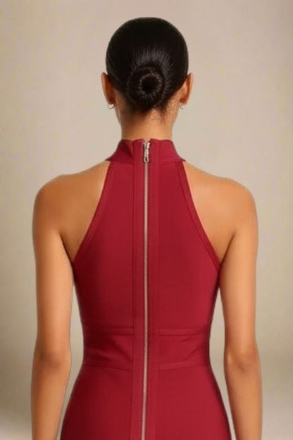 Red Wine Mock Neck Halter Sleeveless Bandage Bodycon Midi Dress