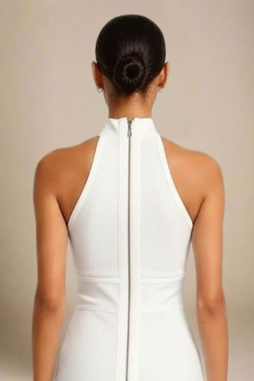 Pearl White Bandage Mock Neck Sleeveless Vertical Panel Midi Dress