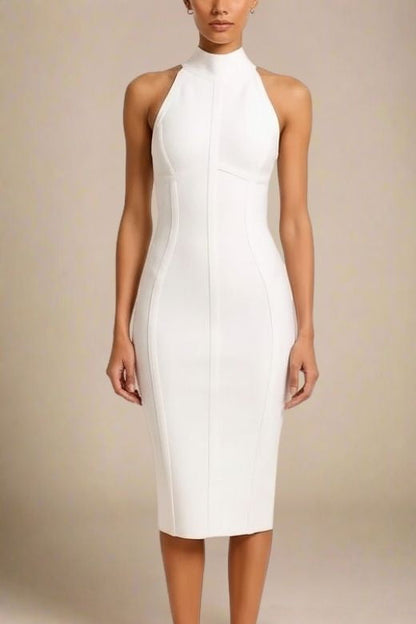 Pearl White Bandage Mock Neck Sleeveless Vertical Panel Midi Dress