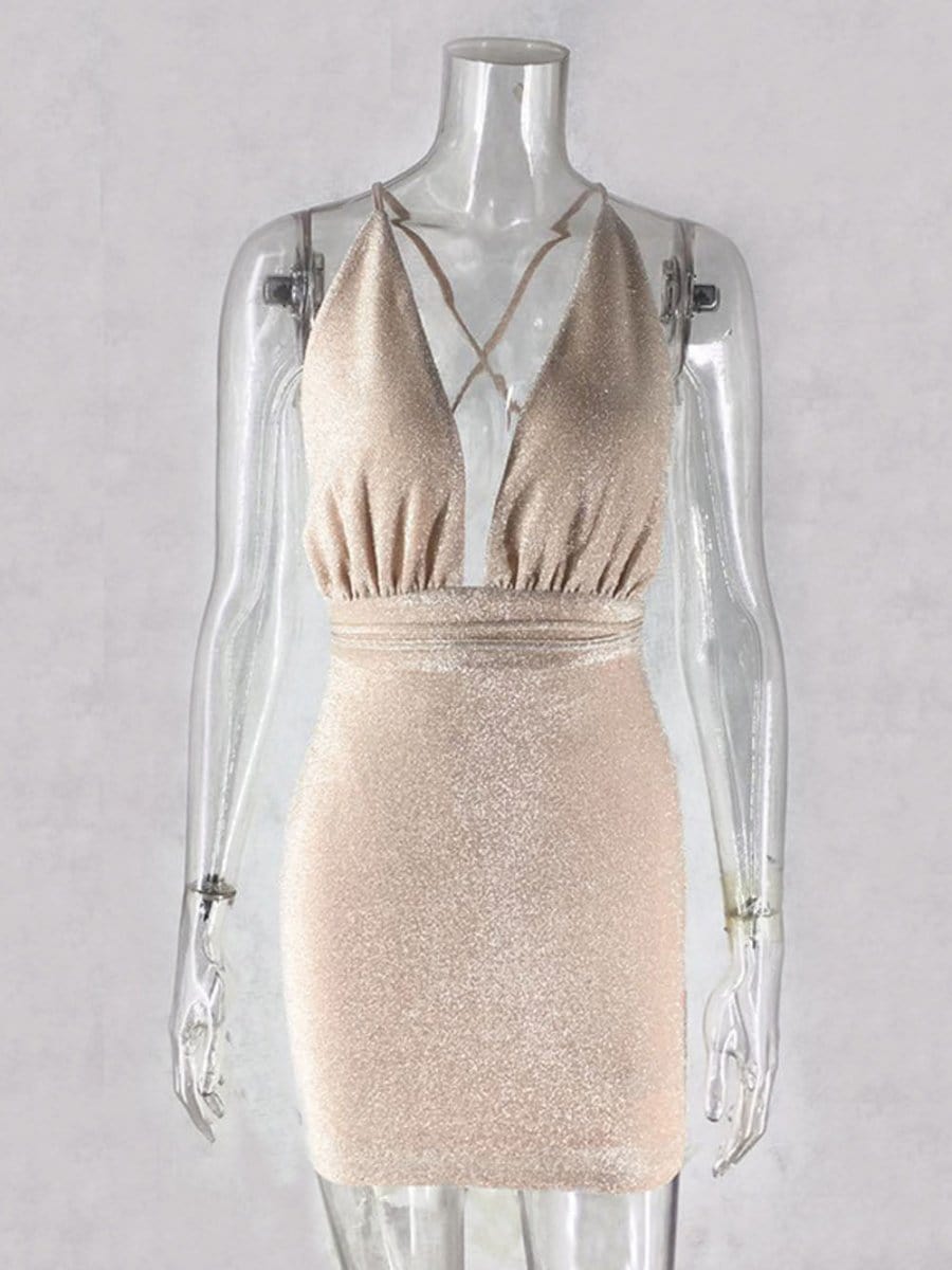Halter Neck Deep V-Neck Glitter Knit Bodycon Mini Dress