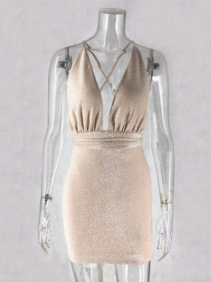 Halter Neck Deep V-Neck Glitter Knit Bodycon Mini Dress