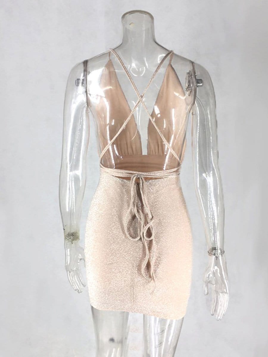 Halter Neck Deep V-Neck Glitter Knit Bodycon Mini Dress