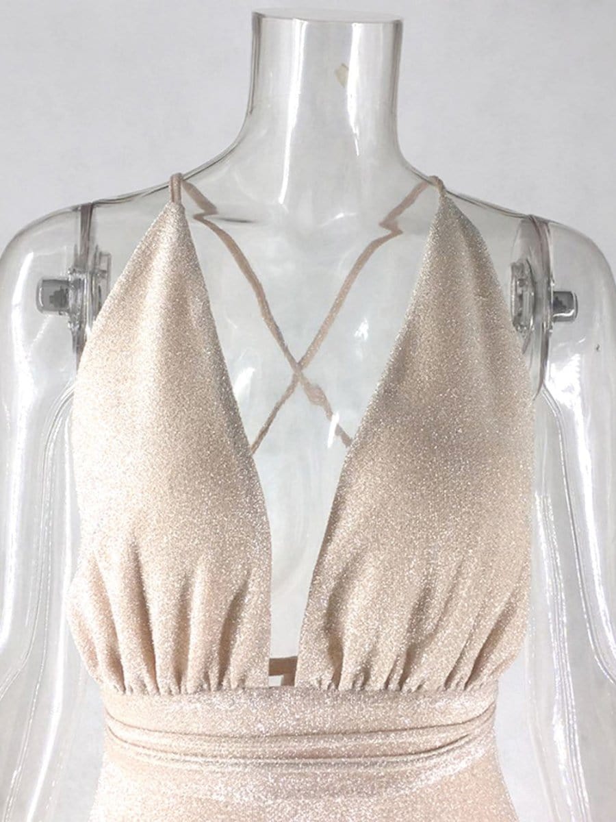 Halter Neck Deep V-Neck Glitter Knit Bodycon Mini Dress