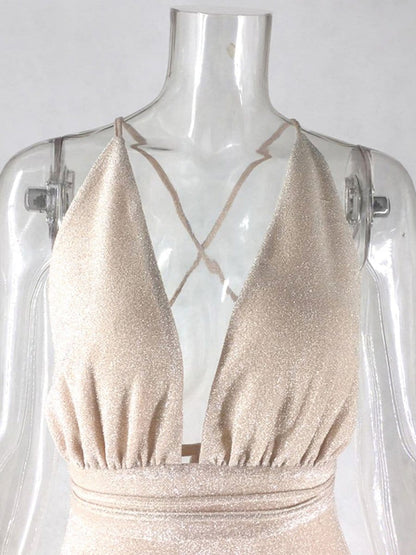 Halter Neck Deep V-Neck Glitter Knit Bodycon Mini Dress