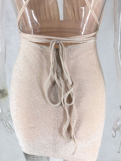Halter Neck Deep V-Neck Glitter Knit Bodycon Mini Dress