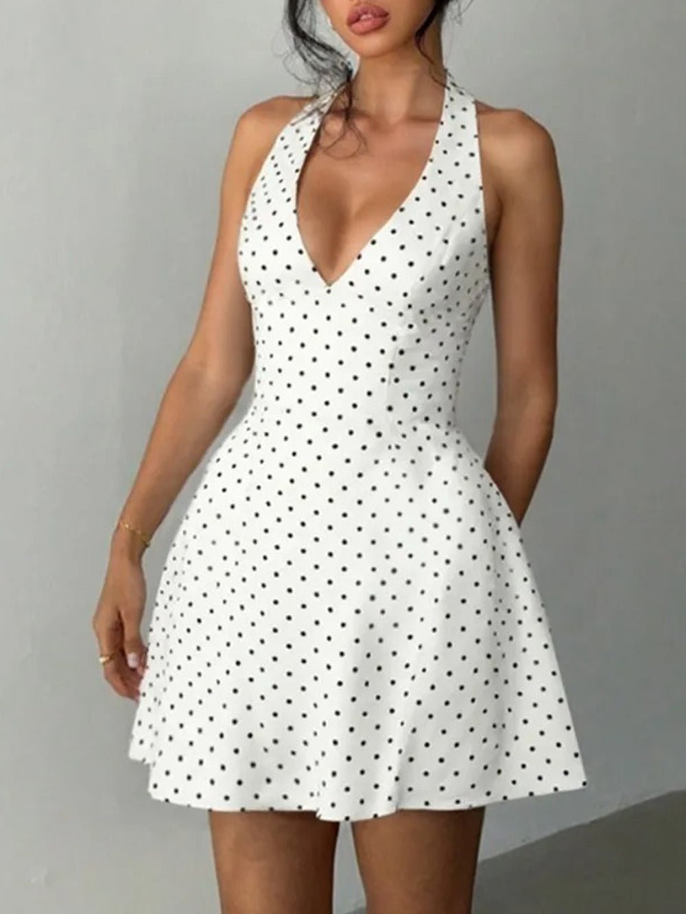 White Polka Dot Halter Neck Deep V-Neck Pocket Mini Dress