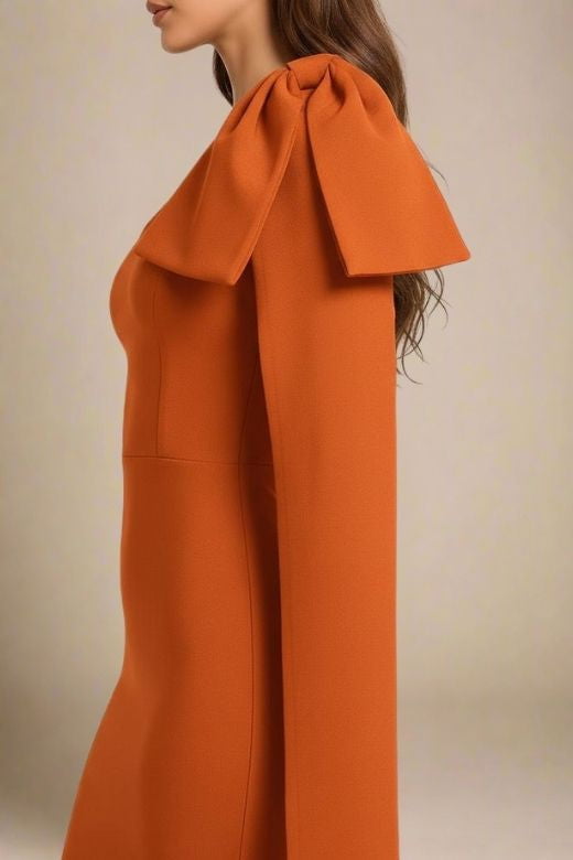 Apricot Orange One Shoulder Bow Sash Bodycon Midi Dress