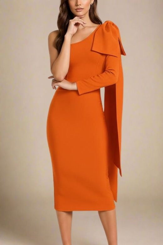 Apricot Orange One Shoulder Bow Detail Long Sleeve Bandage Midi Dress