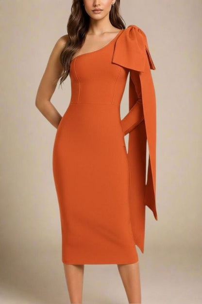 Apricot Orange One Shoulder Bow Sash Bodycon Midi Dress