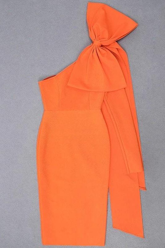Apricot Orange One Shoulder Bow Sash Bodycon Midi Dress