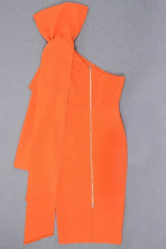 Apricot Orange One Shoulder Bow Detail Long Sleeve Bandage Midi Dress