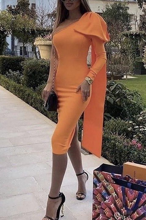 Apricot Orange One Shoulder Bow Detail Long Sleeve Bandage Midi Dress