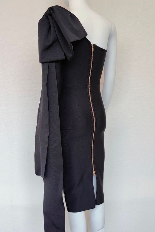 Classic Black One Shoulder Bow Sash Bodycon Midi Dress