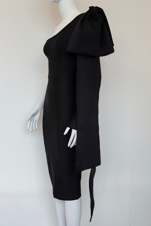 Classic Black One Shoulder Bow Sash Bodycon Midi Dress