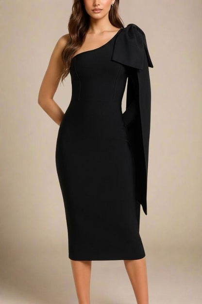 Classic Black One Shoulder Bow Sash Bodycon Midi Dress