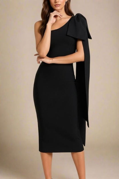 Classic Black One Shoulder Bow Sash Bodycon Midi Dress