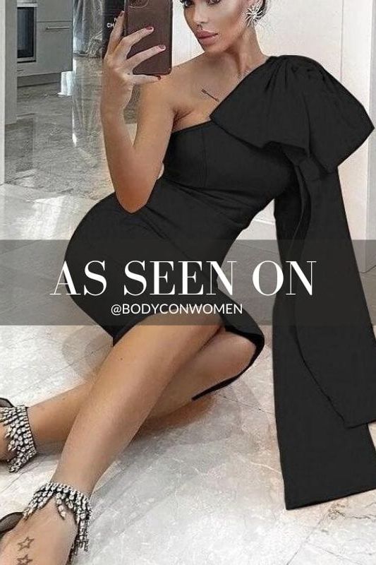 Classic Black One Shoulder Bow Sash Bodycon Midi Dress