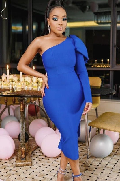 Classic Black One Shoulder Bow Sash Bodycon Midi Dress