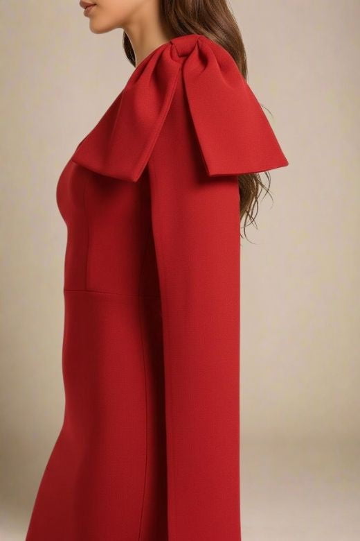 Lipstick Red One Shoulder Bow Sash Long Sleeve Bodycon Midi Dress