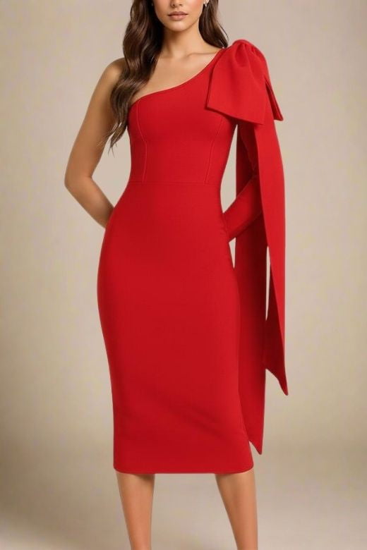 Lipstick Red One Shoulder Bow Sash Long Sleeve Bodycon Midi Dress