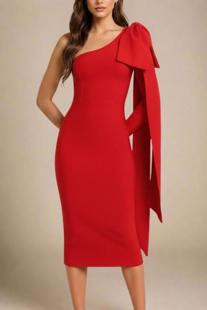 Lipstick Red One Shoulder Bow Sash Long Sleeve Bodycon Midi Dress