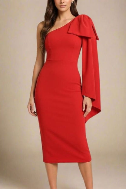 Lipstick Red One Shoulder Bow Sash Long Sleeve Bodycon Midi Dress