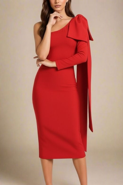 Lipstick Red One Shoulder Bow Sash Long Sleeve Bodycon Midi Dress