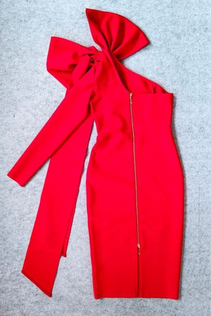 Lipstick Red One Shoulder Bow Sash Long Sleeve Bodycon Midi Dress