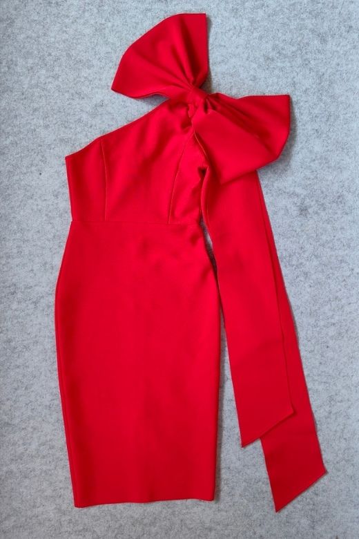 Lipstick Red One Shoulder Bow Sash Long Sleeve Bodycon Midi Dress