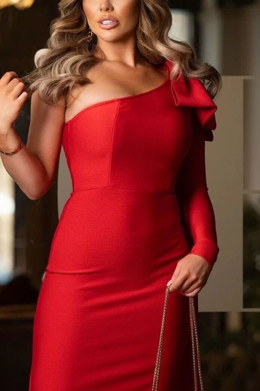 Lipstick Red One Shoulder Bow Sash Long Sleeve Bodycon Midi Dress
