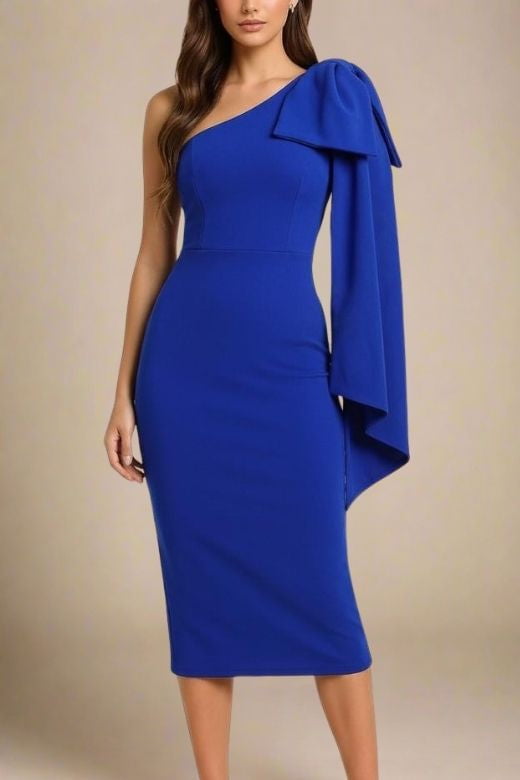 Royal Blue One Shoulder Bow Sash Bodycon Midi Dress