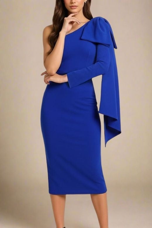 Royal Blue One Shoulder Bow Sash Bodycon Midi Dress