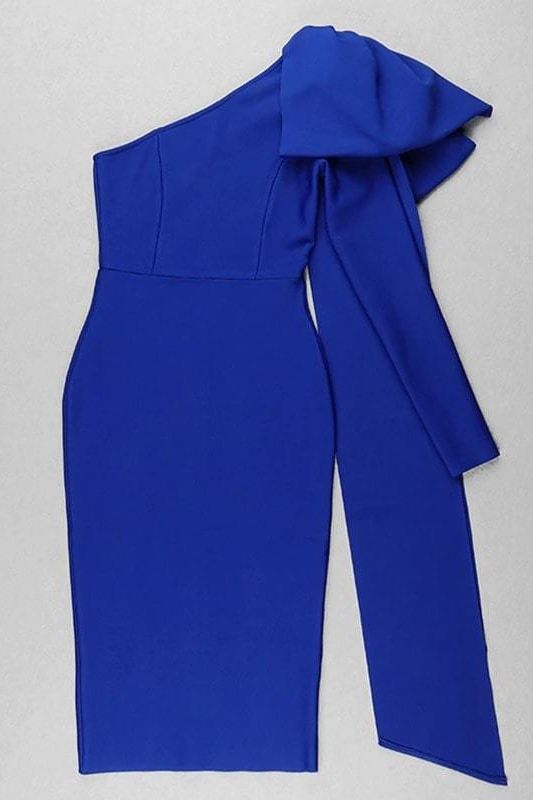 Royal Blue One Shoulder Bow Sash Bodycon Midi Dress