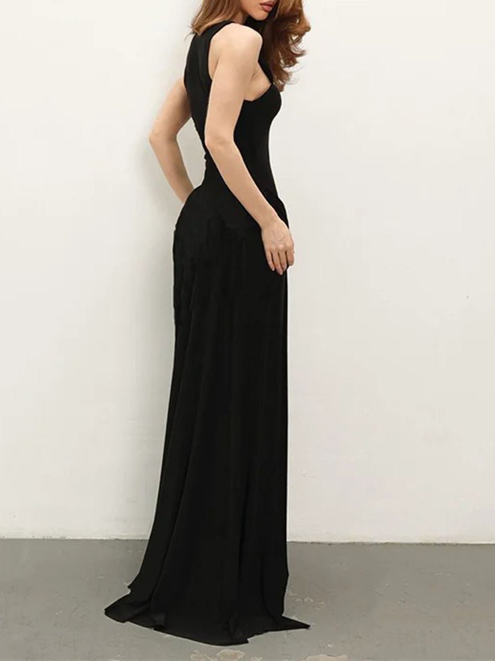 Scoop Neck Ruched Drape Waist High Split Maxi Dress