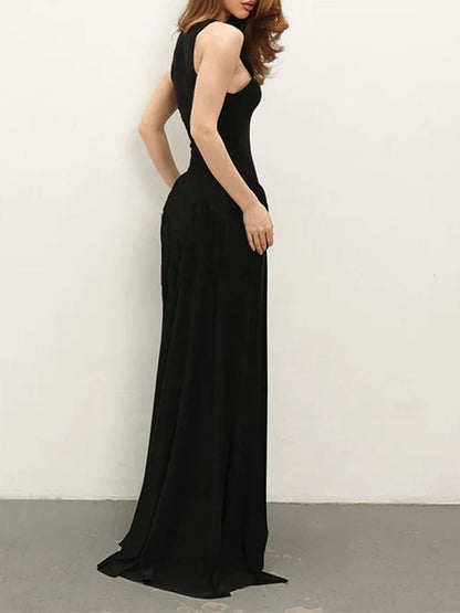 Scoop Neck Ruched Drape Waist High Split Maxi Dress