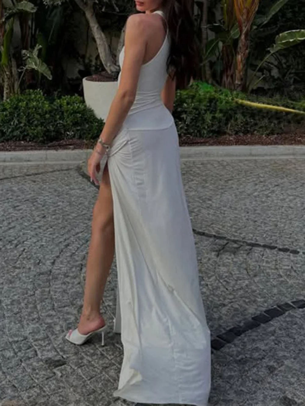 Scoop Neck Ruched Drape Waist High Split Maxi Dress
