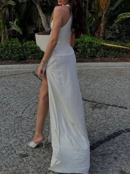 Scoop Neck Ruched Drape Waist High Split Maxi Dress