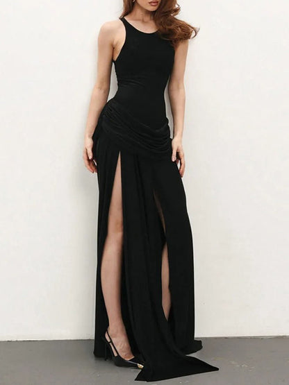 Scoop Neck Ruched Drape Waist High Split Maxi Dress