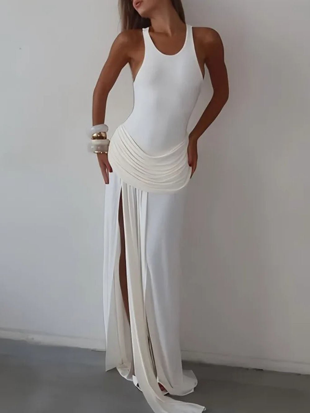 Scoop Neck Ruched Drape Waist High Split Maxi Dress