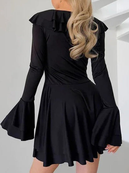 Lace Up Deep V-Neck Ruffle Trim Bell Sleeve Mini Dress