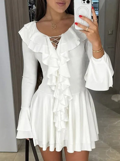 Lace Up Deep V-Neck Ruffle Trim Bell Sleeve Mini Dress
