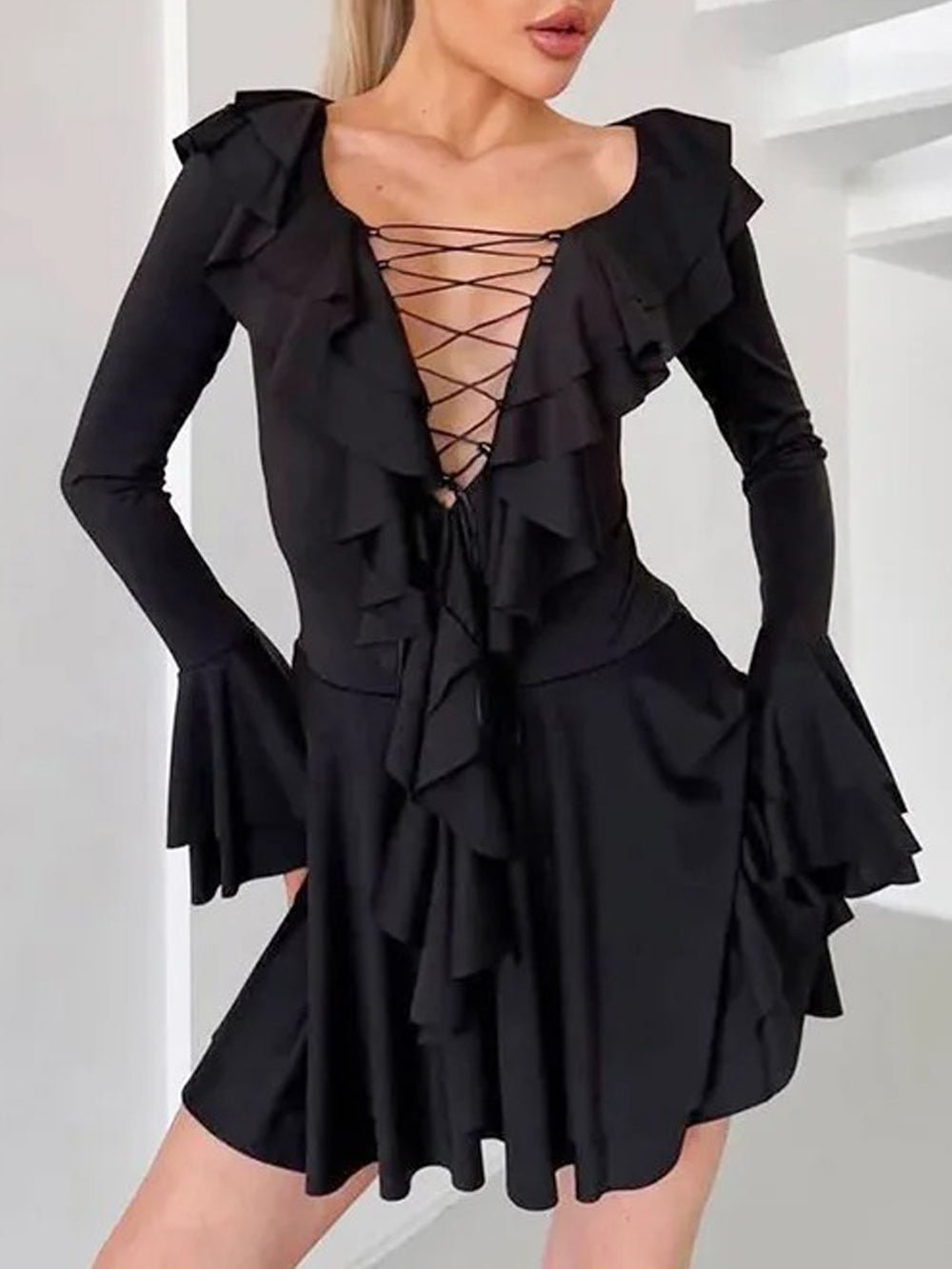 Lace Up Deep V-Neck Ruffle Trim Bell Sleeve Mini Dress