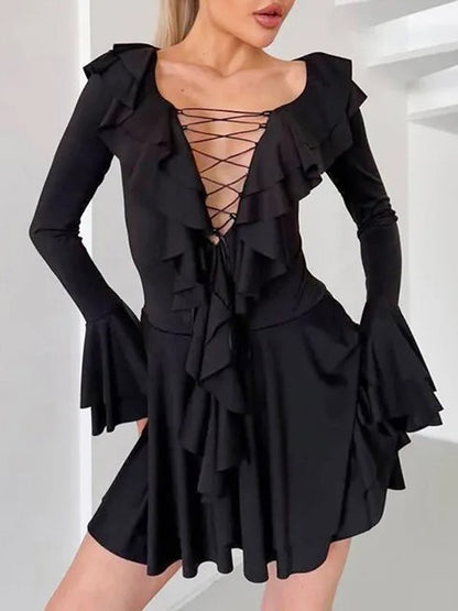 Lace Up Deep V-Neck Ruffle Trim Bell Sleeve Mini Dress