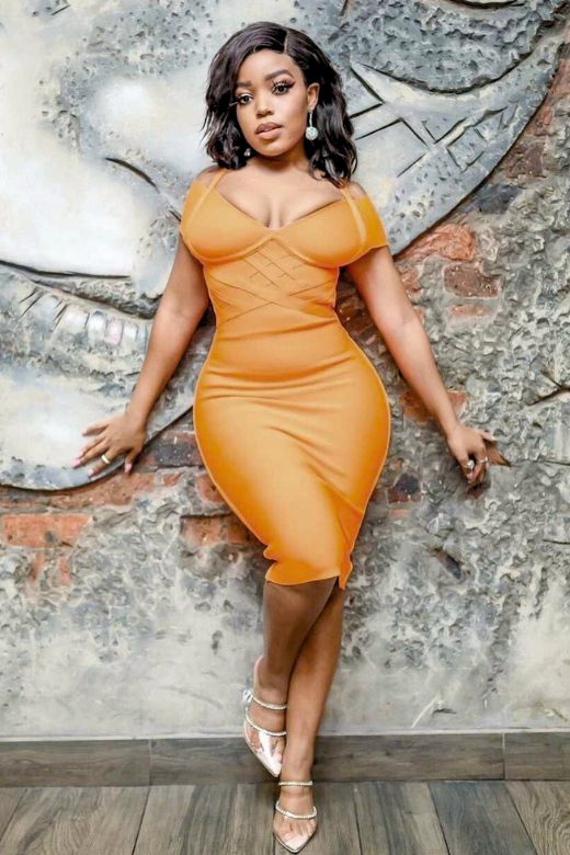Apricot Orange Off Shoulder Sweetheart Bustier Criss Cross Bandage Midi Dress