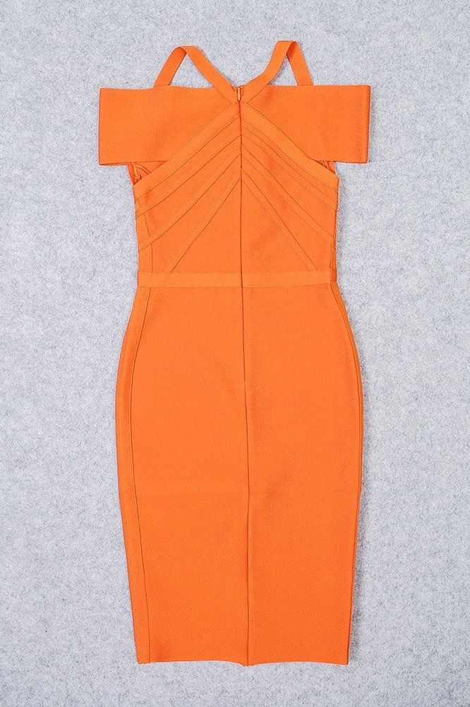 Apricot Orange Off Shoulder Sweetheart Bustier Criss Cross Bandage Midi Dress