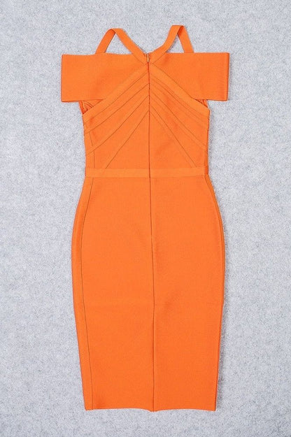 Apricot Orange Off Shoulder Sweetheart Bustier Criss Cross Bandage Midi Dress