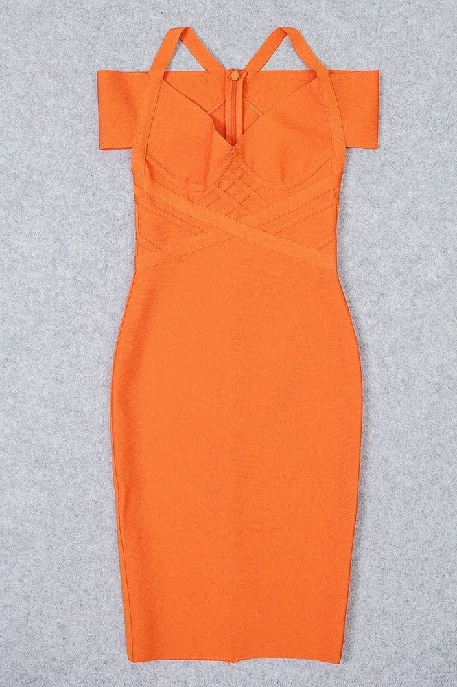 Apricot Orange Off Shoulder Sweetheart Bustier Criss Cross Bandage Midi Dress
