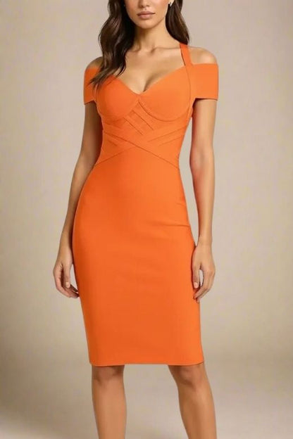Apricot Orange Off Shoulder Sweetheart Bustier Criss Cross Bandage Midi Dress